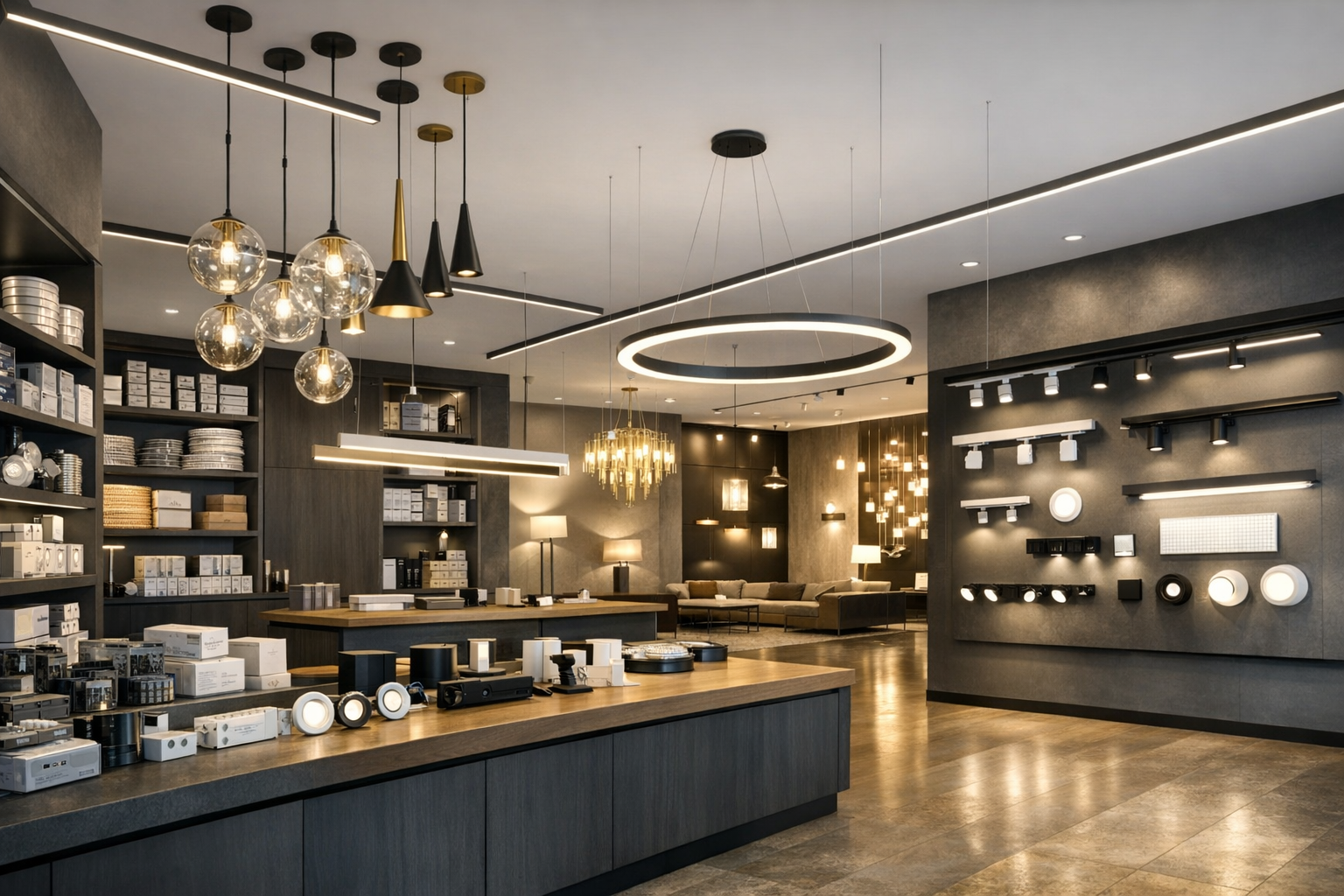 Premium lighting display environment with technical fixtures and project-ready products