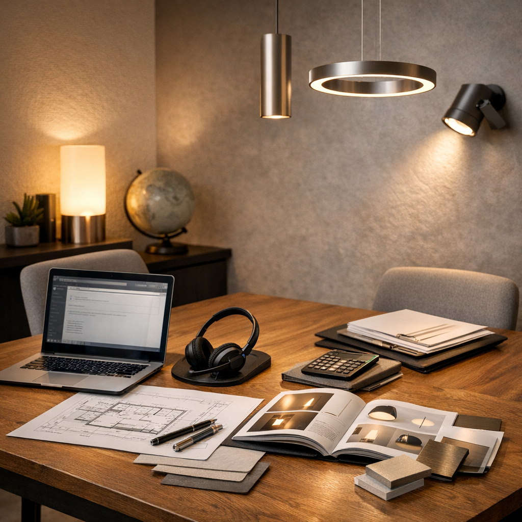 Professional lighting project coordination workspace