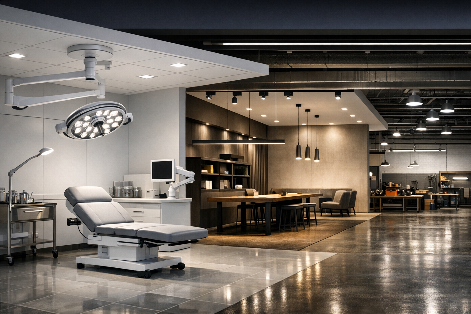 Premium professional lighting showroom combining medical, architectural, and industrial applications